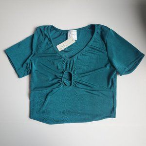 Slinky Crop Top Teal Green Ribbed Keyhole Cutout Neckline Athleisure Coquette